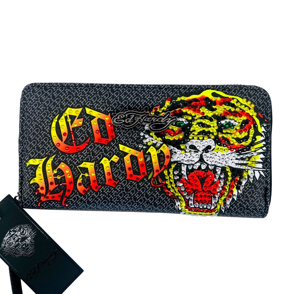 Ed Hardy Wristlet Ziparound Wallet Black Rhinestones Tiger Tattoo Y2K McBling